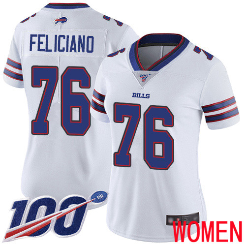 Women Buffalo Bills 76 Jon Feliciano White Vapor Untouchable Limited Player 100th Season NFL Jersey